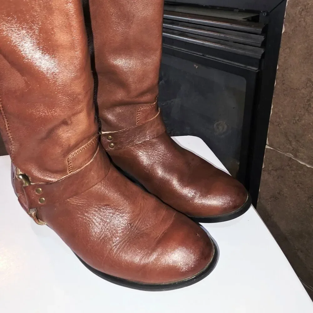 FRYE PHILLIP HARNESS Sz4 Vintage Youth Cognac Brown Zip Up Distressed Tall Boots